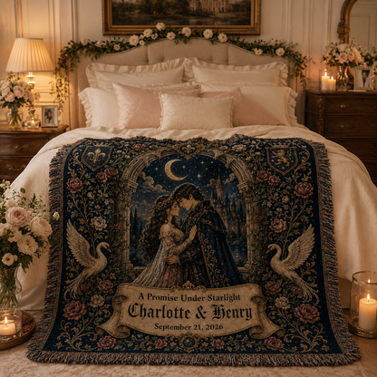 Personalized gothic wedding woven blanket styled across a romantic bedroom
