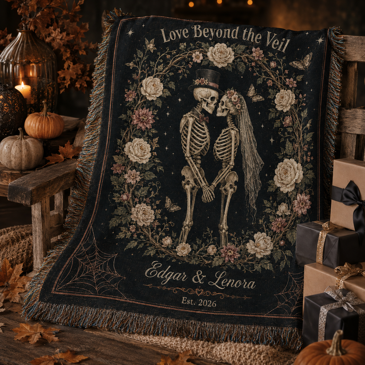 Personalized gothic wedding skeleton couple woven blanket displayed with Halloween gifts, pumpkins and candles