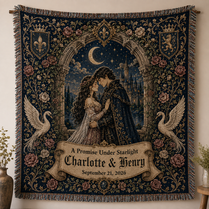 Personalized gothic wedding woven blanket with moonlit castle, swans, custom couple names and date