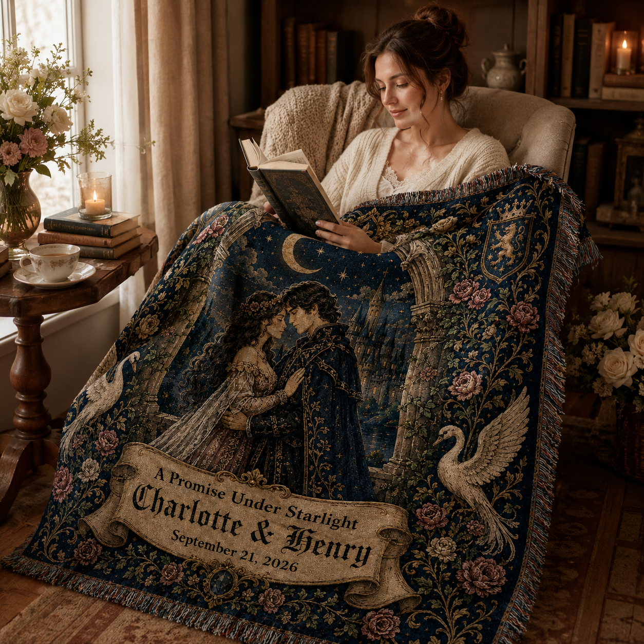 Personalized gothic wedding woven blanket used in a cozy reading nook