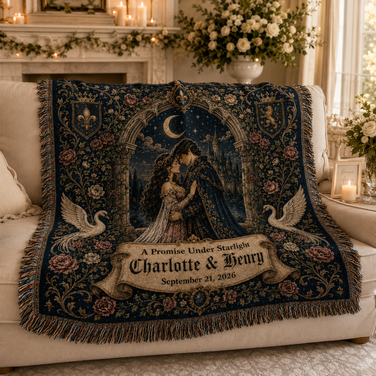 Personalized gothic wedding woven blanket softly draped on a cream sofa