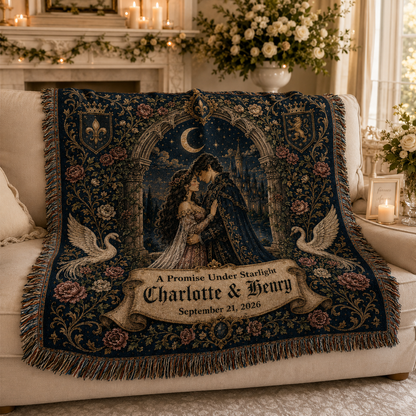 Personalized gothic wedding woven blanket softly draped on a cream sofa