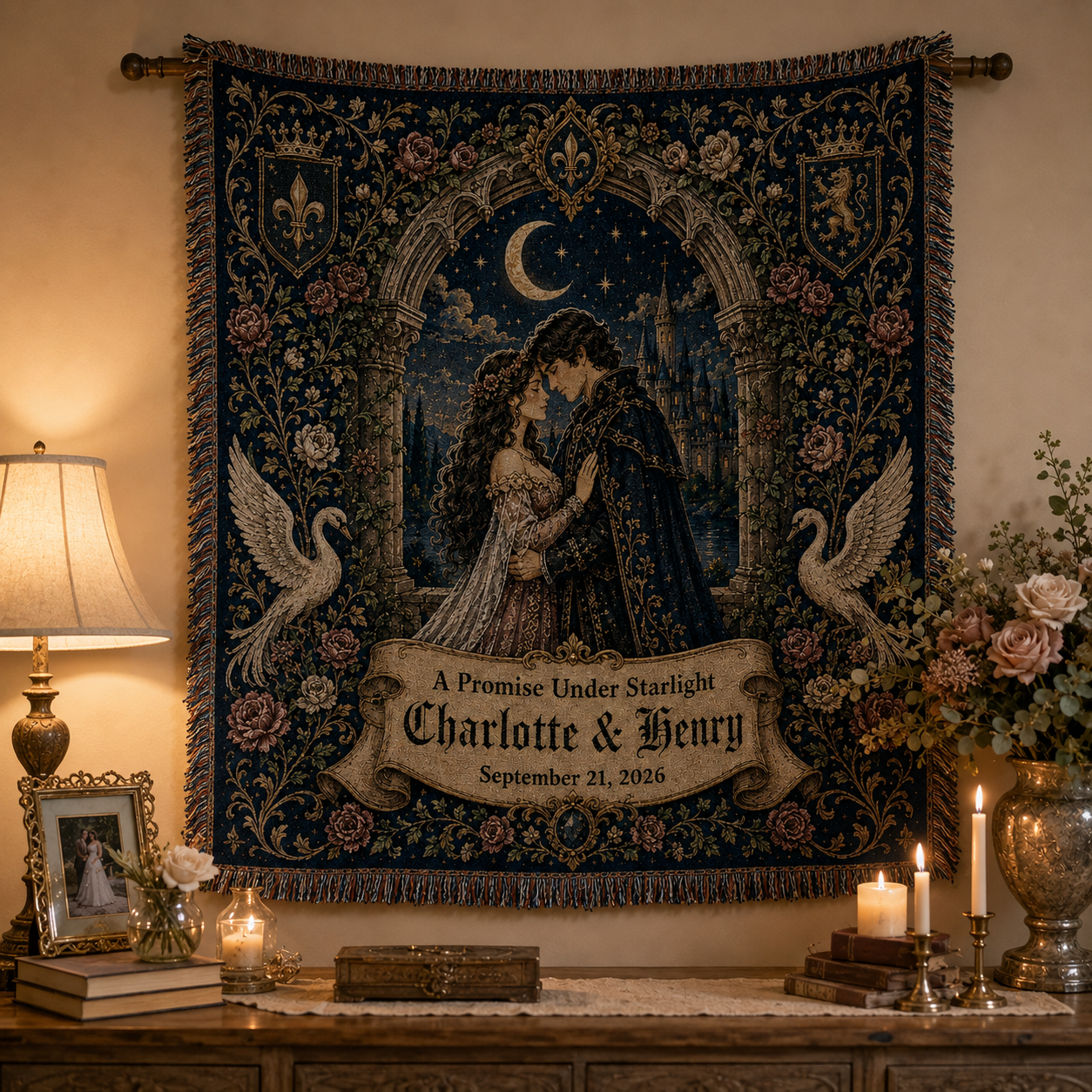 Personalized gothic wedding woven blanket displayed as romantic wall decor