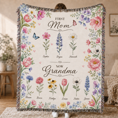 Full view of personalized grandma birth flower blanket