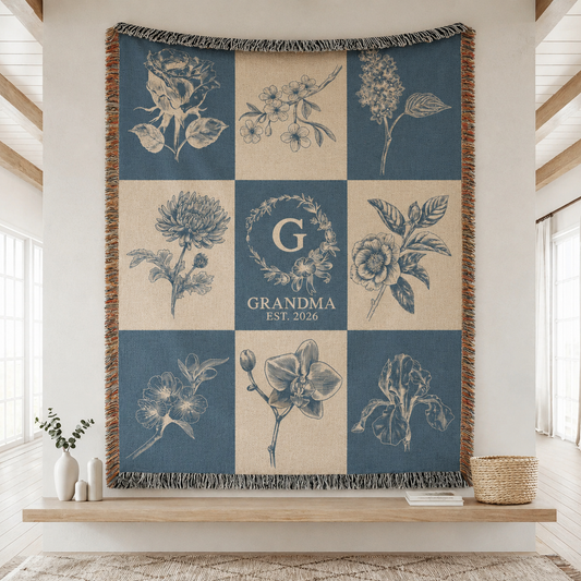 Personalized grandma botanical monogram woven blanket with custom initial and established year