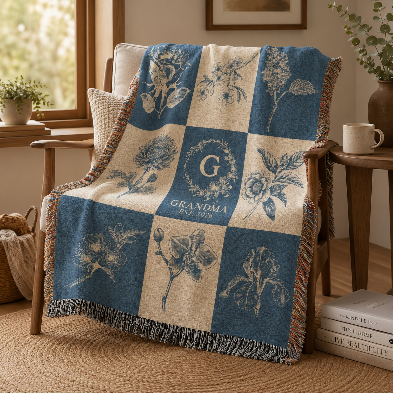 Personalized grandma botanical monogram woven blanket draped over a cozy wooden reading chair
