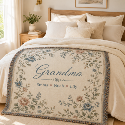 Custom grandkids names Grandma woven blanket displayed on a cozy bed