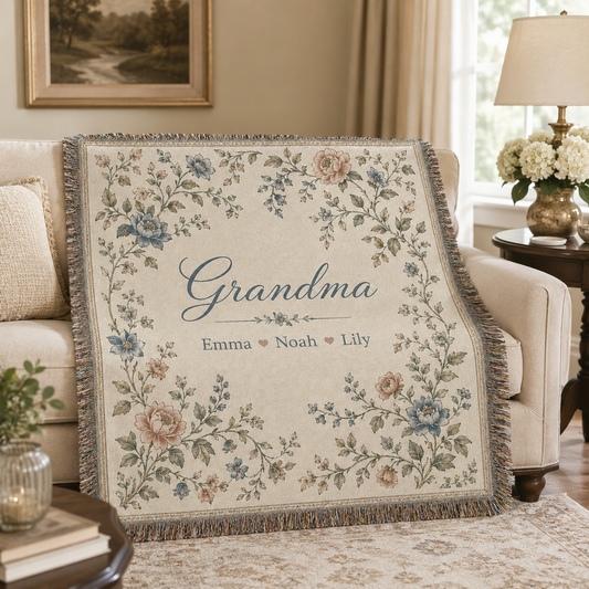 Personalized Grandma floral woven blanket styled in a warm living room