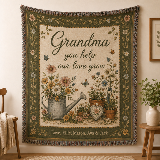 Personalized Grandma garden woven blanket with custom grandkids names