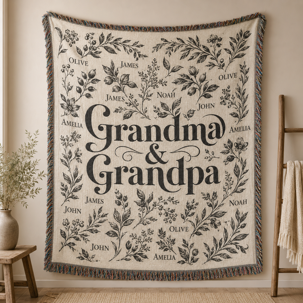 Personalized Grandma and Grandpa botanical woven blanket with grandkids names