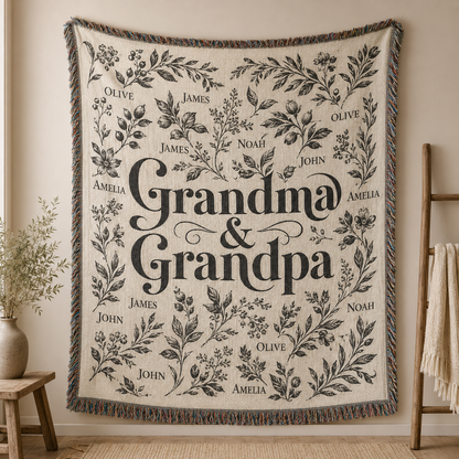 Personalized Grandma and Grandpa botanical woven blanket with grandkids names
