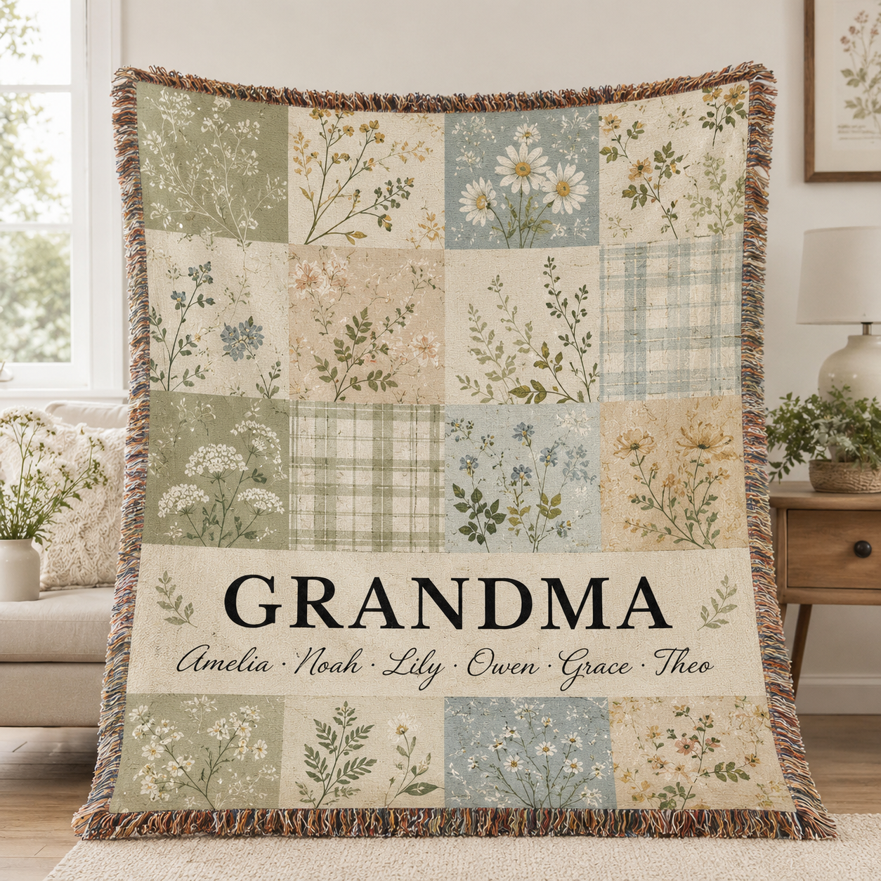 Personalized Grandma meadow patchwork woven blanket with custom grandkids names
