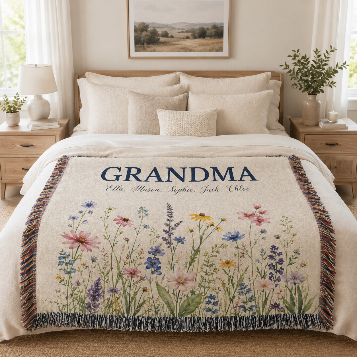 Personalized Grandma meadow wildflower woven blanket displayed on a warm neutral bedroom bed