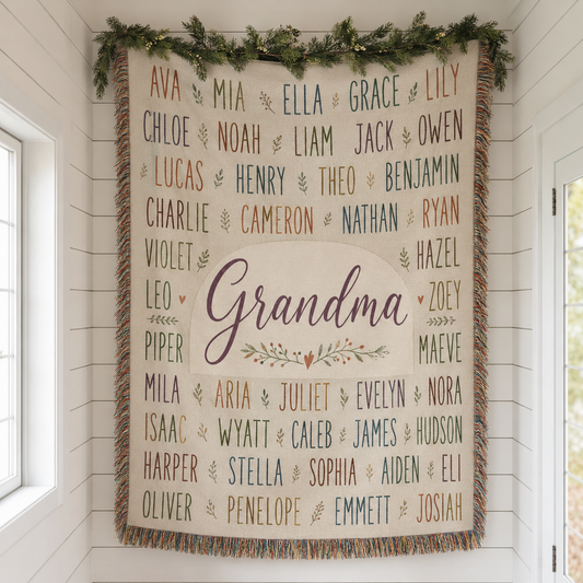 Personalized Grandma woven blanket with grandchildren names and colorful fringe