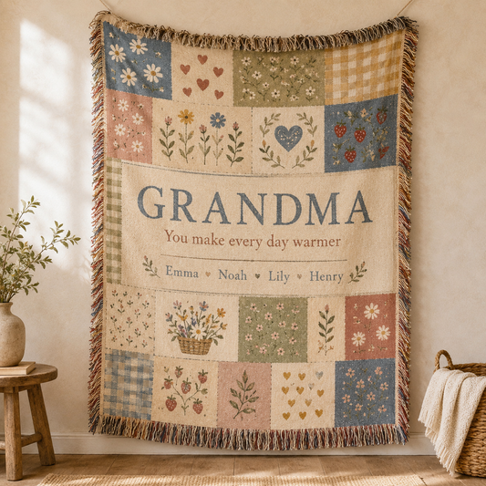 Personalized Grandma patchwork woven blanket with grandkids names