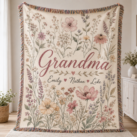 Personalized Grandma wildflower woven blanket with custom grandkids names