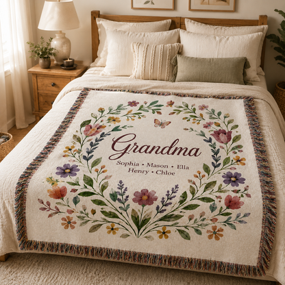 Grandma personalized woven throw blanket styled on bed