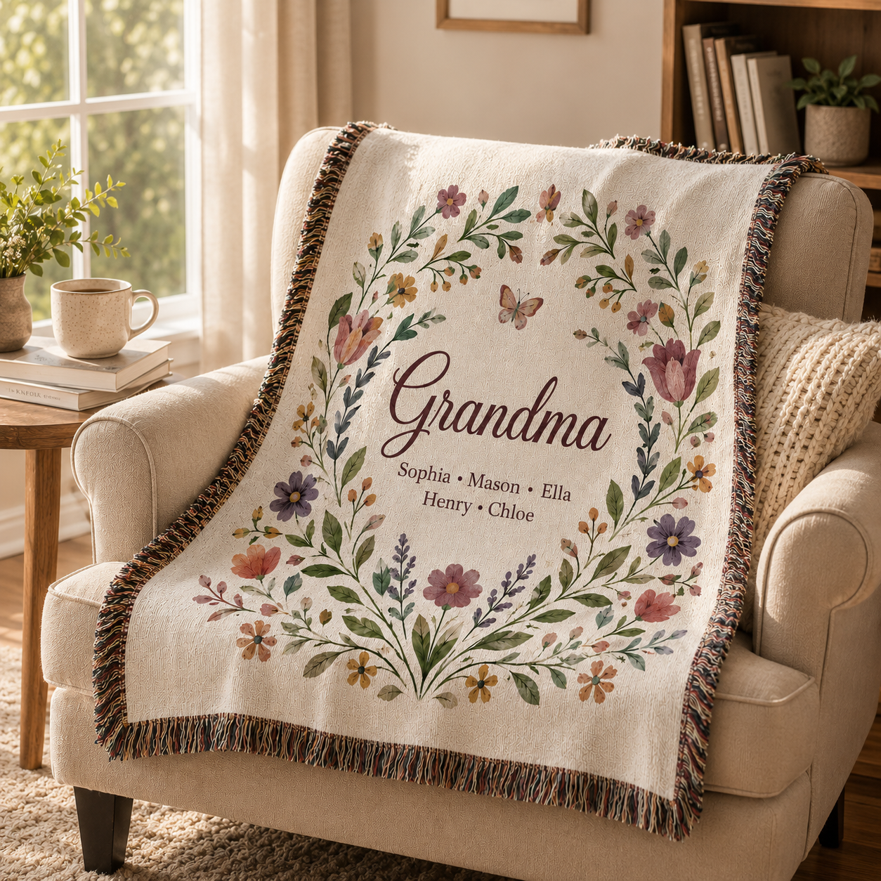 Floral Grandma woven blanket with names draped over reading chair