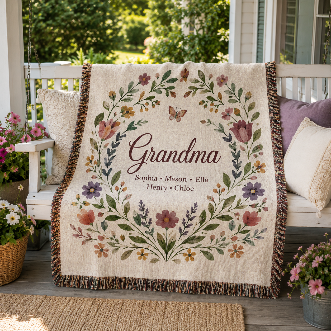Personalized wildflower Grandma blanket displayed on porch bench