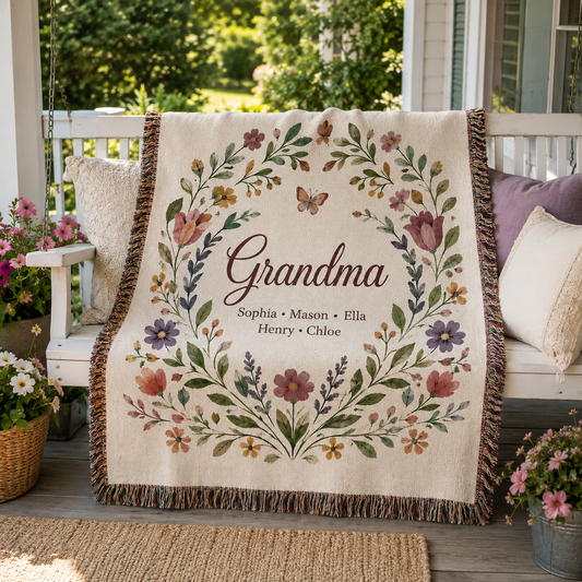 Personalized wildflower Grandma blanket displayed on porch bench