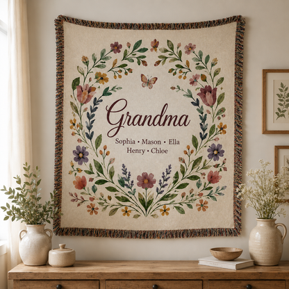 Personalized Grandma floral woven blanket displayed as wall decor