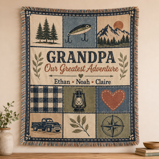 Personalized Grandpa woven blanket with outdoor adventure patchwork design and grandchildren names