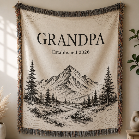 Personalized Grandpa Established 2026 mountain woven blanket hanging display
