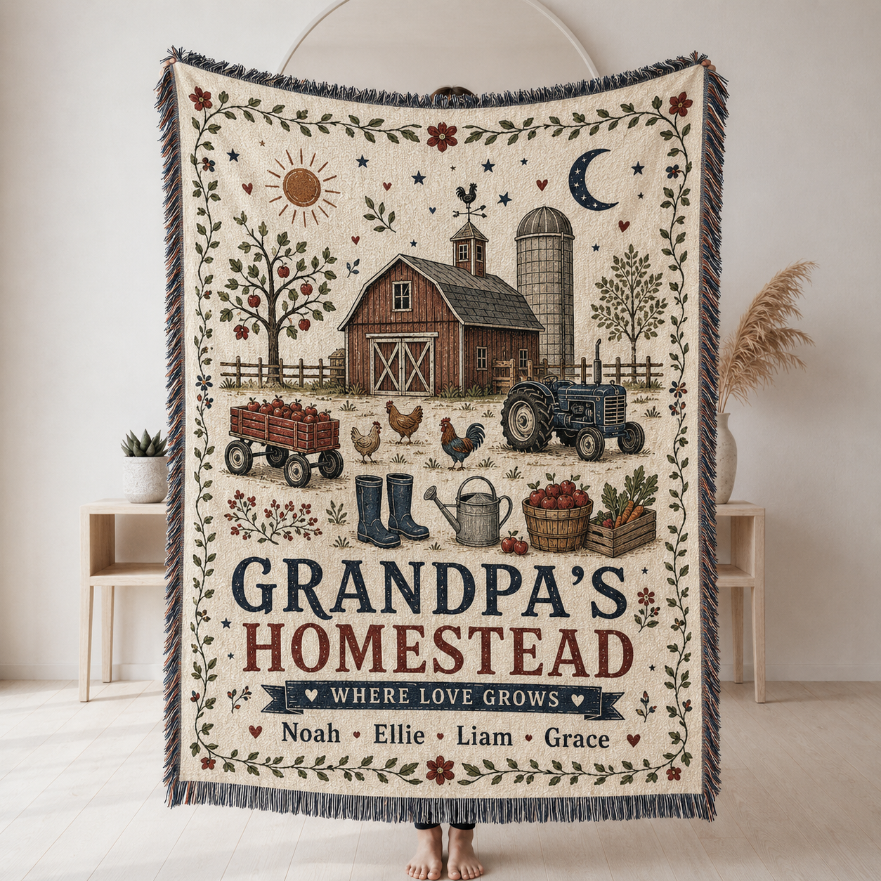 Personalized Grandpa's Homestead woven blanket with farm artwork and grandchildren names