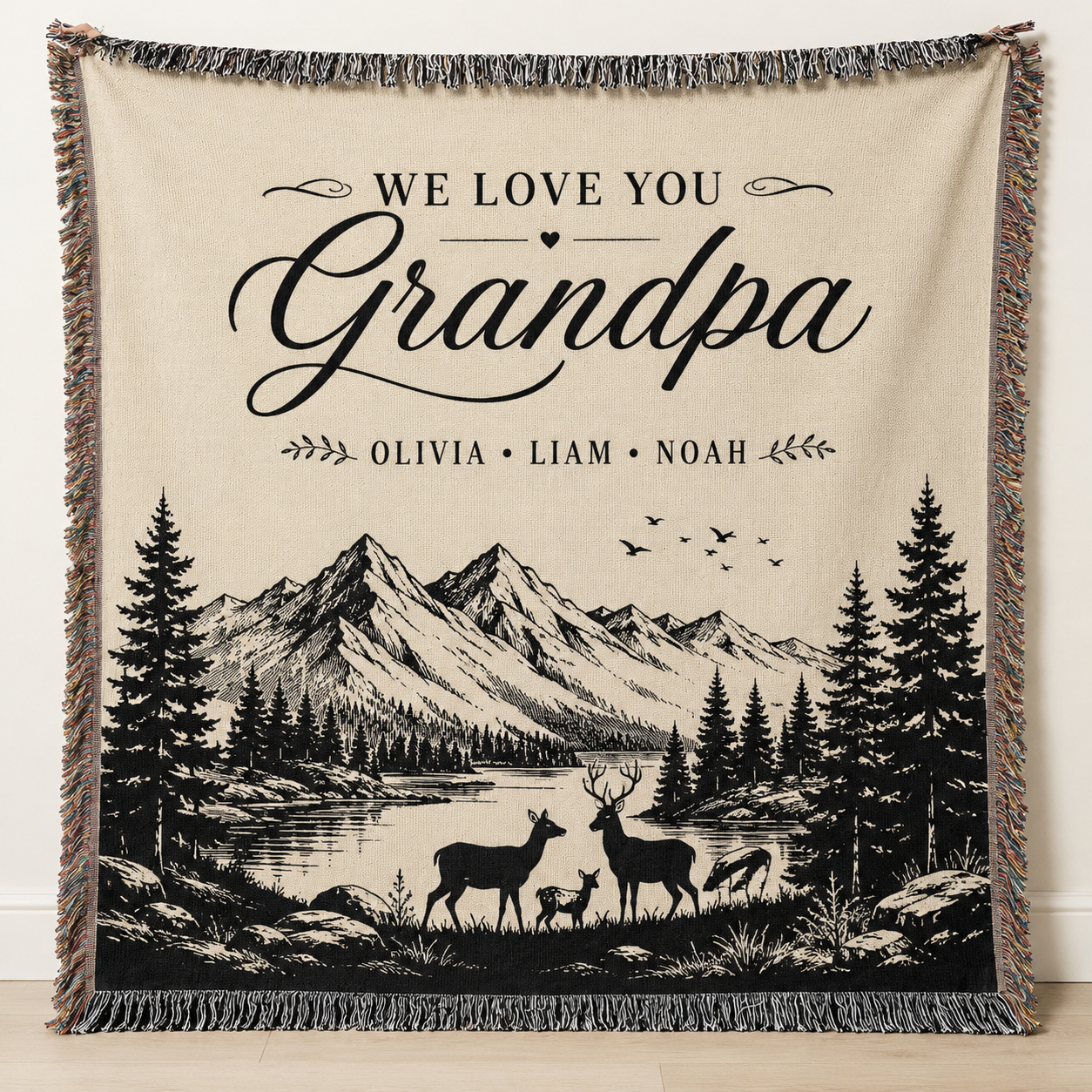 Personalized Grandpa mountain woven blanket with grandkids names