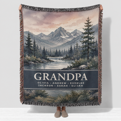 Personalized Grandpa mountain woven blanket with custom grandkids names