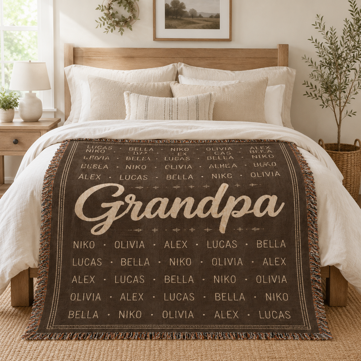 Personalized Grandpa name pattern woven blanket displayed on a cozy neutral bedroom bed
