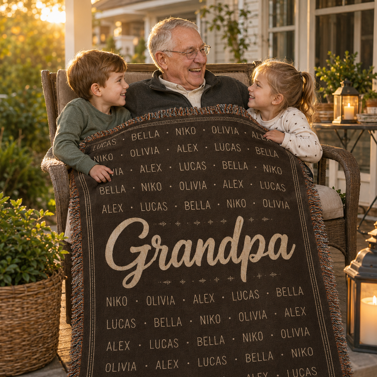 Grandpa enjoying a personalized name pattern woven blanket with grandchildren on a warm porch