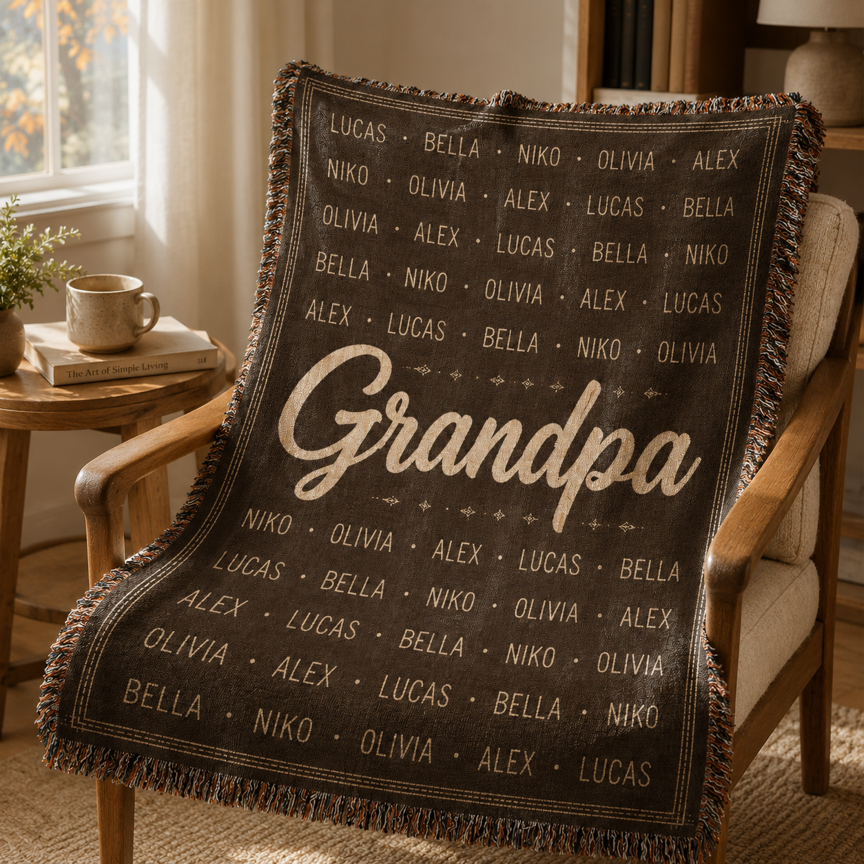 Personalized Grandpa name pattern woven blanket draped over a wooden reading chair
