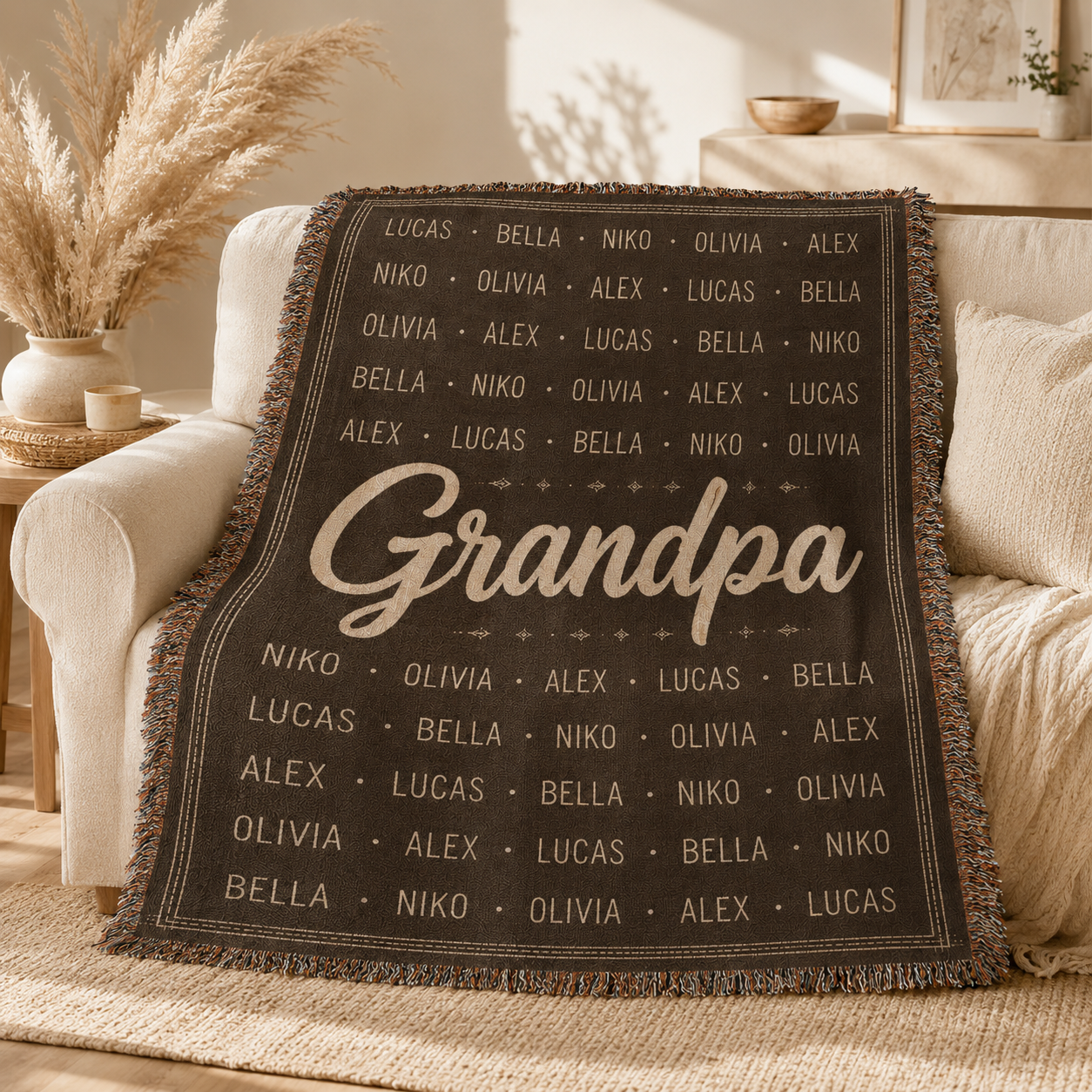 Personalized Grandpa name pattern woven blanket styled on a warm neutral sofa