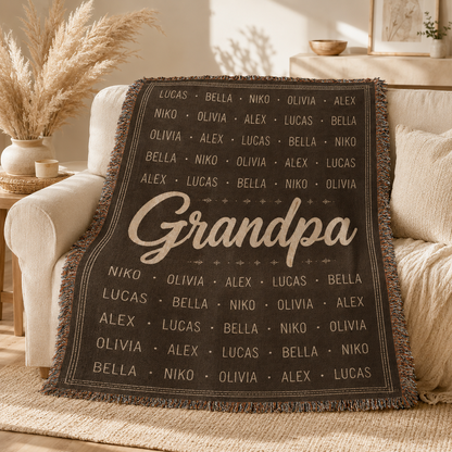 Personalized Grandpa name pattern woven blanket styled on a warm neutral sofa