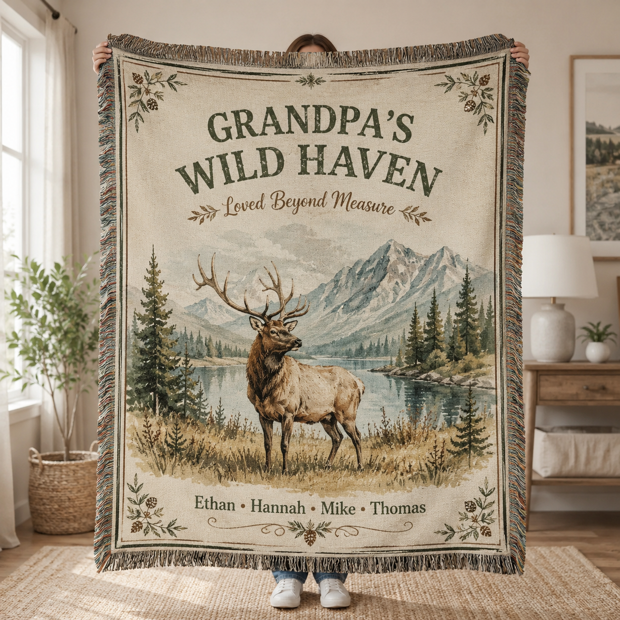 Personalized Grandpa Wild Haven woven blanket with elk and mountain lake design