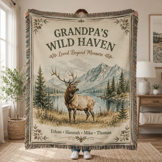 Personalized Grandpa Wild Haven woven blanket with elk and mountain lake design