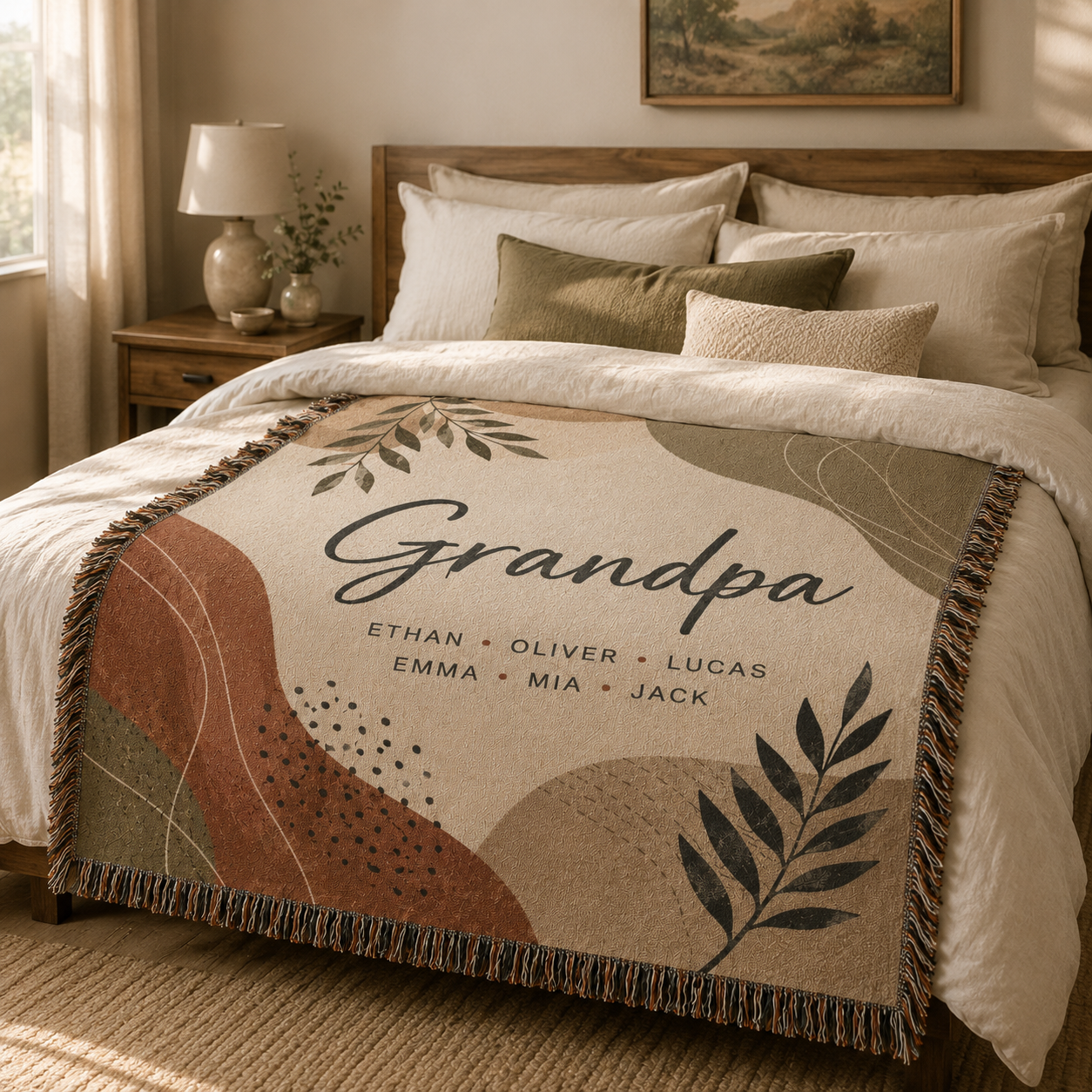 Personalized Grandpa woven blanket styled across a warm neutral bed