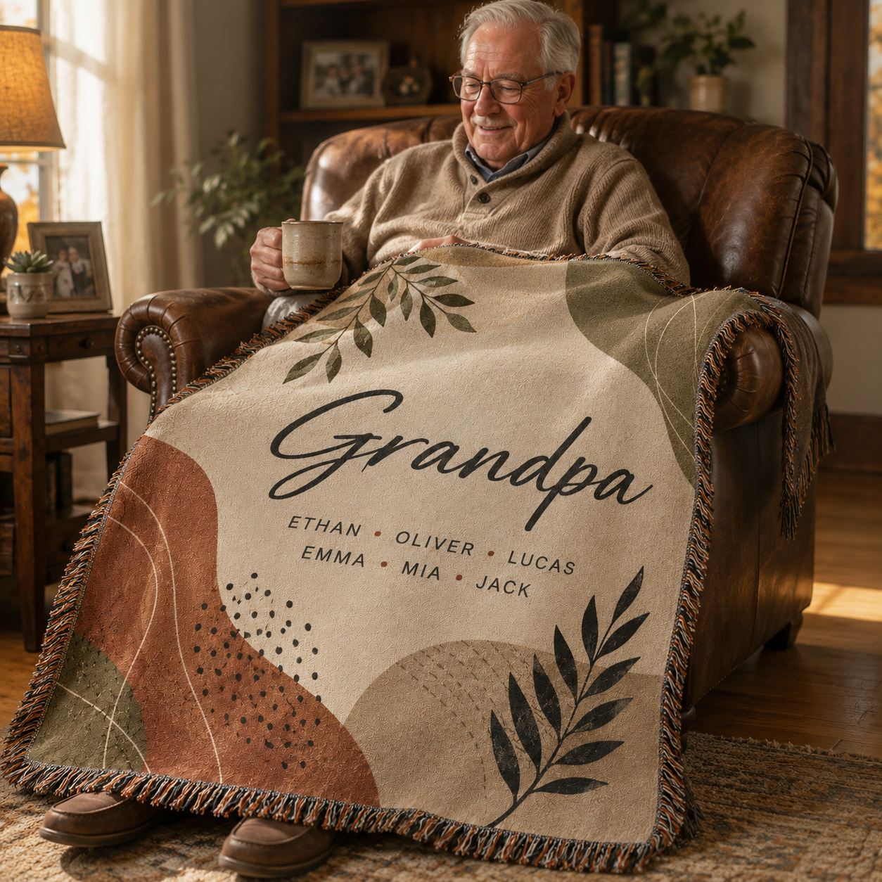 Grandpa relaxing with a personalized woven blanket in a cozy living room