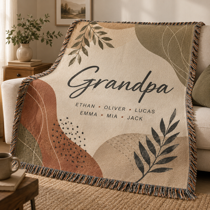 Personalized Grandpa woven blanket with earthy botanical design and grandkids names