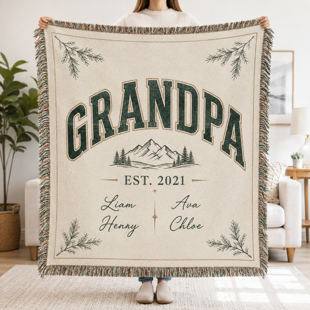 Personalized Grandpa woven blanket with established year and grandkids names