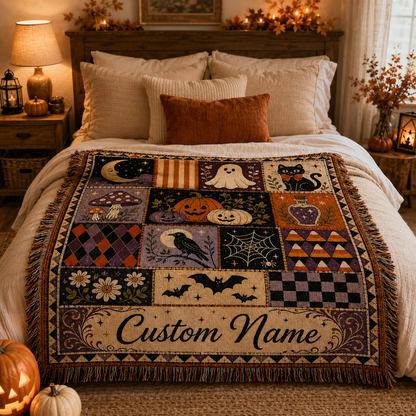 Personalized Halloween patchwork woven blanket displayed at the foot of a cozy autumn bed