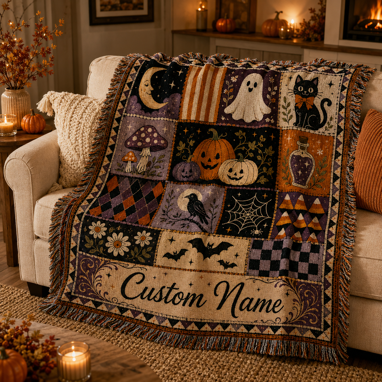 Custom name Halloween woven blanket styled on a cream sofa with pumpkins and candles