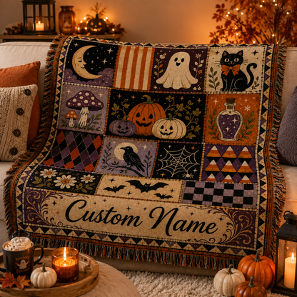 Personalized Halloween patchwork blanket styled for a cozy movie night with candles and pumpkins