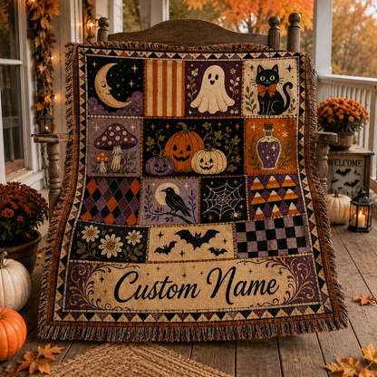 Personalized Halloween woven blanket displayed on an autumn porch with pumpkins, mums and lanterns