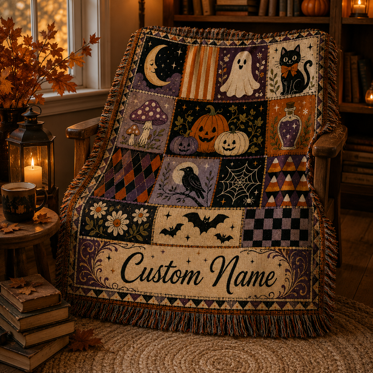 Custom Halloween woven throw draped over a wooden reading chair with lantern and autumn decor