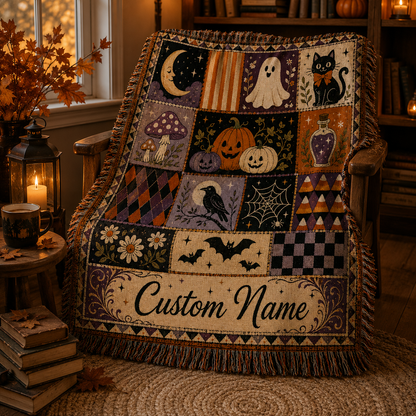 Custom Halloween woven throw draped over a wooden reading chair with lantern and autumn decor