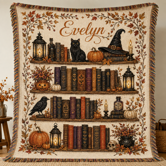 Personalized Halloween book lover woven blanket with custom name, black cat, witch hat and vintage books