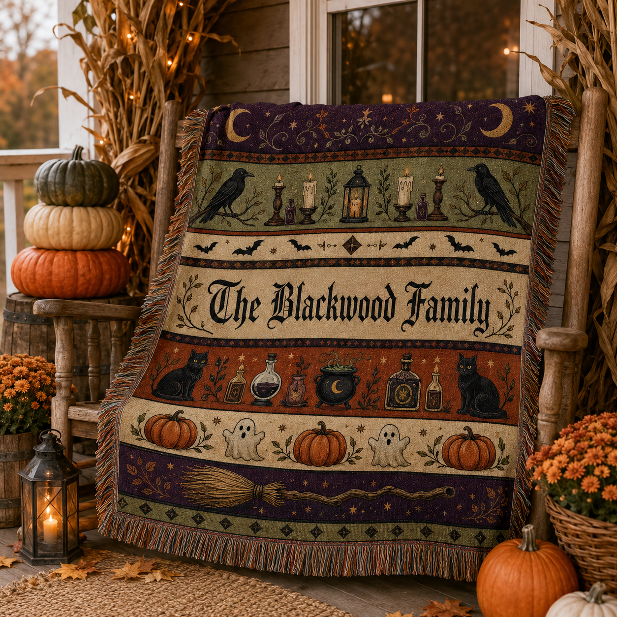 Personalized witchy Halloween woven blanket displayed on a rustic autumn porch