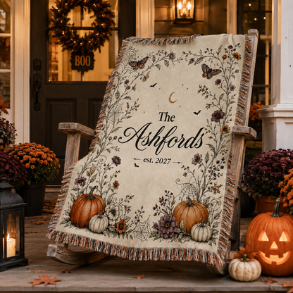 Personalized Halloween family name woven blanket displayed on an autumn porch with pumpkins and lanterns